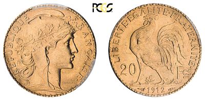 "Франция. Третья республика. 20 Франков 1912 г. Золото. Состояние XF. KM#857. В слабе PCGS MS65."