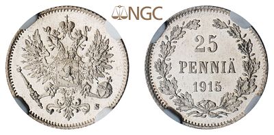 "Россия для Финляндии. 25 Пенни 1915 г. S. Серебро. Состояние ХF. Узд№4826, Б№420, Казаков№491. 