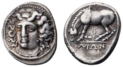 "г. Ларисса (350-325 гг. до н.э.) Драхма. Серебро, 6,00 гр. Диаметр 19 мм. Состояние XF+."