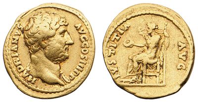 "Римская империя. Адриан (117-138 гг.). Ауреус. Золото, 7,21 гр. Диаметр 18 мм. Состояние XF."