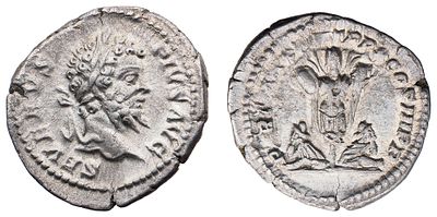 "Римская империя. Септимий Север (193-211 гг.). Денарий. Серебро, 3,39 гр. Диаметр 19 мм. 