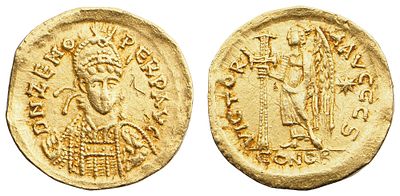 "Римская империя. Зенон (474-491 гг.) Солид. Золото, 4,42 гр. Диаметр 19 мм. Состояние XF."