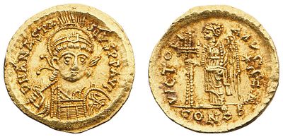 "Византийская империя. Анастасий I (491 – 518 гг.). Солид. Золото, 4,48 гр. Диаметр 20 мм. 