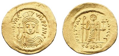 ""Римская Империя. Маврикий Тиберий (582-602 гг.) Солид. Золото, 4,39 гр. Диаметр 22 мм. 