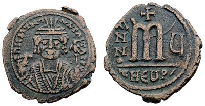 "Римская Империя. Маврикий Тиберий (582-602 гг.) Фоллис. Медь, 11,56 гр. Диаметр 28 мм. 