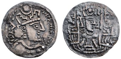 "Согдиана. Бухара (712-730 гг.) Драхма. Серебро, 3,15 гр. Диаметр 28 мм. Состояние XF."