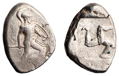 "г. Аспенд (465-430 гг. до н.э.) Статер. Серебро, 10,71 гр. Размер 22х16 мм. Состояние XF."