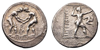 "Памфилия. г. Аспенд (380/75-330/25 гг. до н.э.). Статер. Серебро, 10,56 гр. Диаметр 23 мм. 