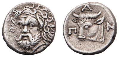 "г. Пантикапей (334-324 гг. до н.э.). Гемидрахма. Серебро, 3,49 гр. Диаметр 15 мм. Состояние XF."