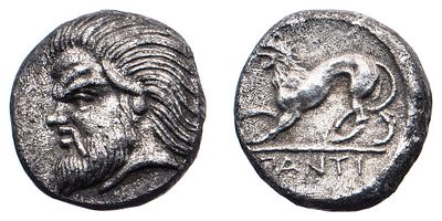 "г. Пантикапей. IV в до н.э. Триобол. Серебро, 2,39 гр. Диаметр 12 мм. Состояние XF."
