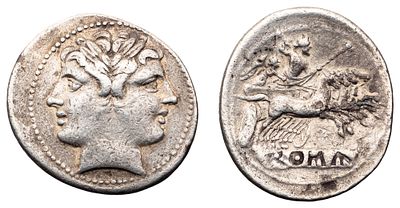 "Римская республика. Анонимный выпуск 225-214 гг. до н.э. Дидрахма. Серебро, 6,66 гр. Диаметр 