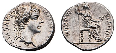 "Римская империя. Тиберий (14-37 гг.) Денарий. Серебро, 3,79 гр. Диаметр 17 мм. Состояние XF."