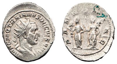 "Римская империя. Траян Деций (249-251 гг.). Антониниан. Л.ст.: Бюст императора, круговая 