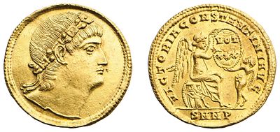 "Римская империя. Император Константин I. Солид 335 года. Золото. 4,43г. Никомидия. Аверс: 