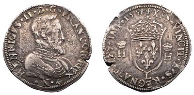 "Франция. Королевство. Король Генрих II (1547-1559 гг.). Тестон 1558 г. Серебро, 9,47 гр. 