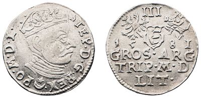 "Речь Посполитая. Стефан Баторий (1575-1586 гг.). 3 гроша 1581 г. Серебро, 2,57 гр. Состояние XF-."