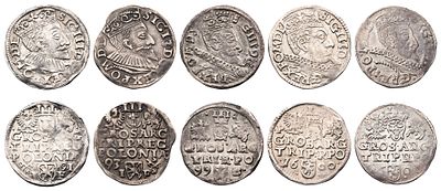 "Подборка из пяти монет. 1)Речь Посполитая. Сигизмунд III (1587-1632 гг.). 3 Гроша 1591 г. 
