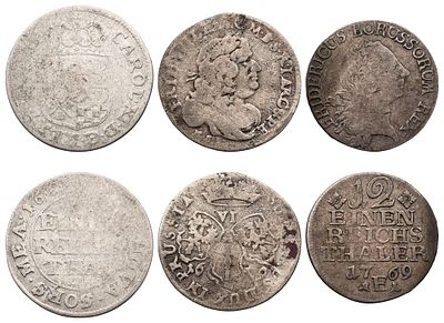 "Подборка из трех монет. 1) Пруссия. 6 грошей 1679 г. Серебро, 2,92 гр. Сохранность VF; 2) 