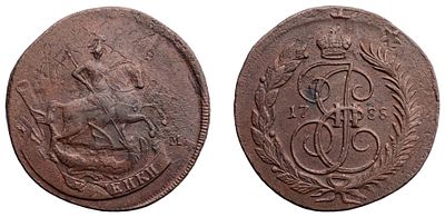 "2 Копейки 1788 г. ММ. Гурт сетчатый. Перечекан из 4 копеек 1762 г. Медь, 20,48 гр. Состояние 