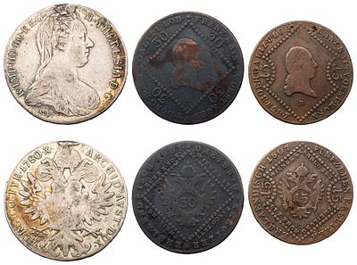 "Подборка из трех монет: 1) Австрийская Империя. Мария Терезия (1740-1780 гг.). Талер 1780 г. 