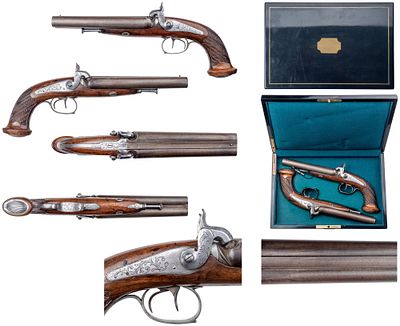 "Пара двуствольных гладкоствольных пистолетов с кпсюльными замками типа "хауда". Бельгия XIX 