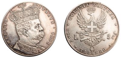 "Итальянская Эритрея. Умберто I (1889-1900 гг.) 5 лир (талеро) 1891 г. Серебро, 26,98 гр. Тираж 