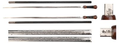 "Трость деревянная со скрытым клинком. Общая длина 955 мм. Материалы: сталь, древо. Клинок 