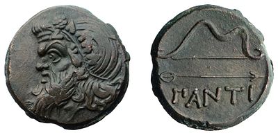 "Пантикапей. Перисад I (345-310 гг до н. э.). Обол. Медь, 14,66 гр. Диаметр 26 мм. Состояние XF."