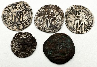 Portugal D. Manuel I (1495-1521) Lote de 5 Moedas 1- Ceitis 1- Meio Vint&ecirc;m 3- Vint&ecirc;ns