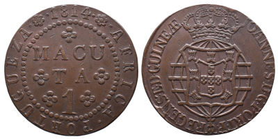 Portugal Angola D. Jo&atilde;o Principe Regente (1799-1816) 1 Macuta 1814 AE A: JOANNES . D . G . PORT 