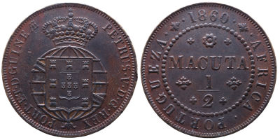 Portugal Angola 
D. Pedro V (1853-1861) 
1/2 Macuta 1860 - Cobre 
A: PETRUS . V . D . G . REX 