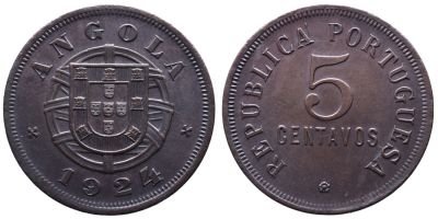 Portugal Angola 
5 Centavos 1924 - Bronze 
A: ANGOLA 1924 
R: REPUBLICA . PORTUGUESA 5 CENTAVOS 