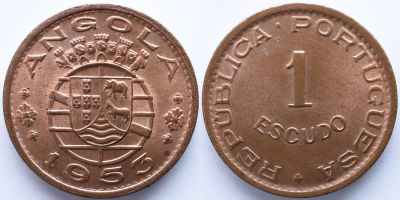 Portugal Angola 
1 Escudo 1953 - Bronze 
A: ANGOLA 1953 
R: REPUBLICA . PORTUGUESA 1 ESCUDO 