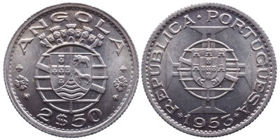 Portugal Angola 
2.50 Escudos 1953 - Cupro-Niquel 
A: ANGOLA 1953 
R: REPUBLICA . PORTUGUESA 
