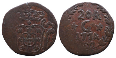 Portugal &Iacute;ndia D. Jos&eacute; I (1750-1777) 20 Reis 1774 - Cobre - GOA A: ESCUDO R: 20R G 1774 AG: 