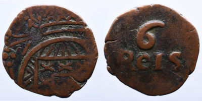 Portugal &Iacute;ndia D. Jo&atilde;o VI (1816-1826) 6 Reis ( Januadini ) GOA - Cobre A: ESCUDO R: 6 REIS AG: 