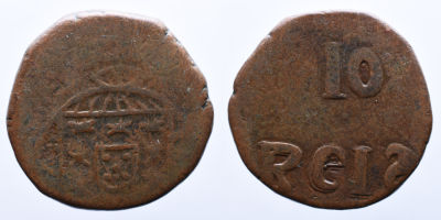 Portugal &Iacute;ndia D. Jo&atilde;o VI (1816-1826) 10 Reis - Cobre A: ESCUDO R: 10 REIS S INVERTIDO AG: 