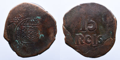 Portugal &Iacute;ndia D. Jo&atilde;o VI (1816-1826) 15 Reis - Cobre A: ESCUDO R: 15 REIS AG: 26.01 9.03g MBC+