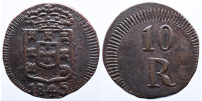 Portugal &Iacute;ndia D. Maria II (1834-1853) 10 Reis 1845 - Cobre A: ESCUDO R: 10 R AG: 09.01 6.67g AUNC