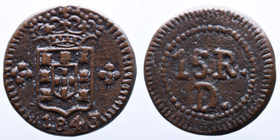 Portugal &Iacute;ndia D. Maria II (1834-1853) 15 Reis 1843 - Dam&atilde;o - Cobre A: ESCUDO 1843 R: 15 R D 