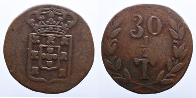 Portugal &Iacute;ndia D. Maria II (1834-1853) 30 Reis (1/2 Tanga) - GOA - Cobre A: ESCUDO R: 30 1/2 T 