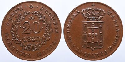 Portugal Mo&ccedil;ambique D. Maria II (1834-1853) 20 Reis 1840 - Cobre A: MARIA . II . D . G . PORTUG 