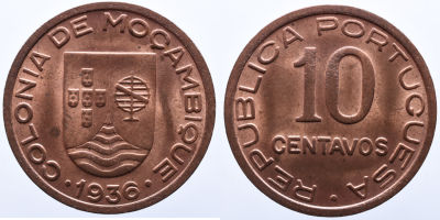 Portugal Mo&ccedil;ambique 10 Centavos 1936 - Cobre A: REPUBLICA PORTUGUESA 10 CENTAVOS R: COLONIA DE 