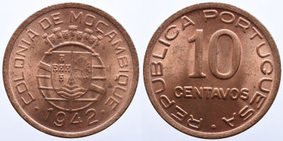 Portugal Mo&ccedil;ambique 10 Centavos 1942 - Cobre A: REPUBLICA PORTUGUESA 10 CENTAVOS R: COLONIA DE 