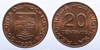 Portugal Mo&ccedil;ambique 20 Centavos 1936 - Cobre A: REPUBLICA PORTUGUESA 20 CENTAVOS R: COLONIA DE 