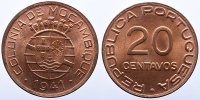 Portugal Mo&ccedil;ambique 20 Centavos 1941 - Cobre A: REPUBLICA PORTUGUESA 20 CENTAVOS R: COLONIA DE 