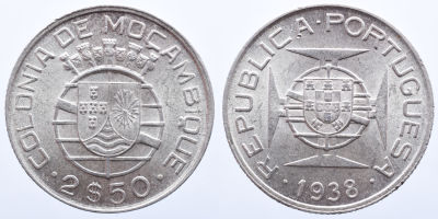 Portugal Mo&ccedil;ambique 2.50 Escudos 1938 - Prata A: REPUBLICA PORTUGUESA 1938 R: COLONIA DE 