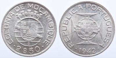 Portugal Mo&ccedil;ambique 2.50 Escudos 1942 - Prata A: REPUBLICA PORTUGUESA 1942 R: COLONIA DE 
