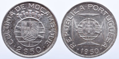 Portugal Mo&ccedil;ambique 2.50 Escudos 1950 - Prata A: REPUBLICA PORTUGUESA 1950 R: COLONIA DE 