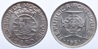 Portugal Mo&ccedil;ambique 2.50 Escudos 1951 - Prata A: REPUBLICA PORTUGUESA 1951 R: COLONIA DE 